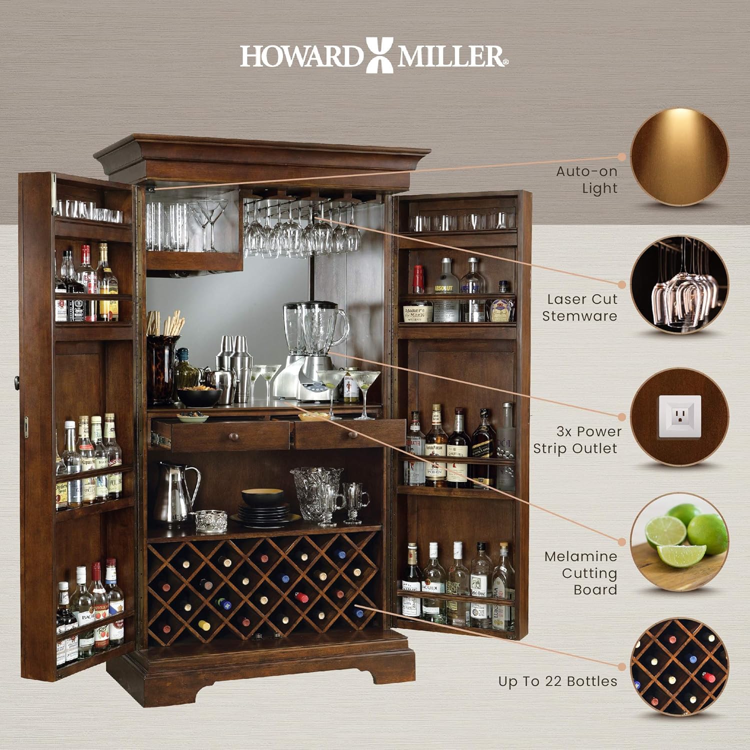 Howard Miller Sonoma II Wine & Bar Cabinet 695-065, Cherry Bordeaux Finish H612