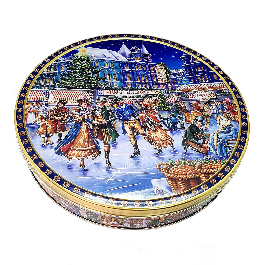 Jacobsens Danish Butter Cookies Skating Rink Gift Tin 24 Oz. with Stainless Steel Tongs F94366