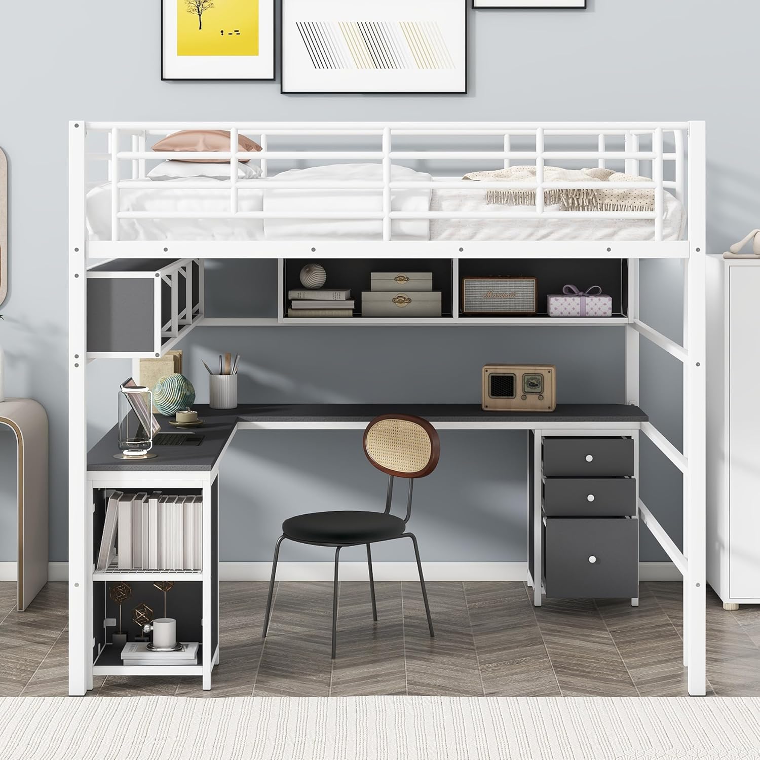 Metal Loft Bed with Bookcase, Desk and Cabinet, Full, White Q330