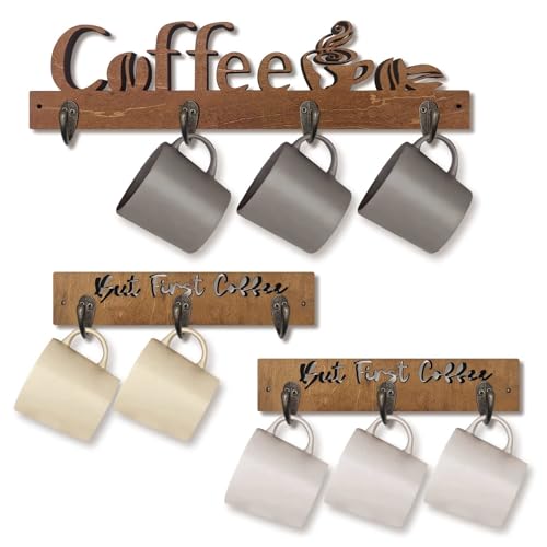 3 Pack Coffee Mug Shelf, Mug Rack Wall Mounted with 10 Sturdy Hooks, Coffee Cup Holder, Wooden Kitchen Wall Decor, Mug Organizer for Kitchen, Coffee Bar, Office