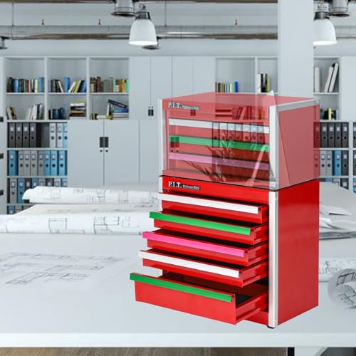 P.I.T. Mini Red Tool Box with 5 Drawers, Portable Steel Storage Case Q478