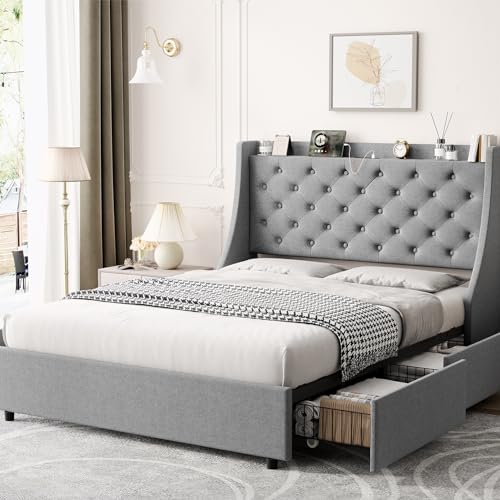 Queen Bed Frame with 4 Storage Drawers, Platform Bed with Type-C & USB Port and Charging Station, Upholstered Wingback Headboard and Storage Shelf, No Box Spring Needed, Easy Assembly