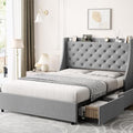 Queen Bed Frame with 4 Storage Drawers, Platform Bed with Type-C & USB Port and Charging Station, Upholstered Wingback Headboard and Storage Shelf, No Box Spring Needed, Easy Assembly