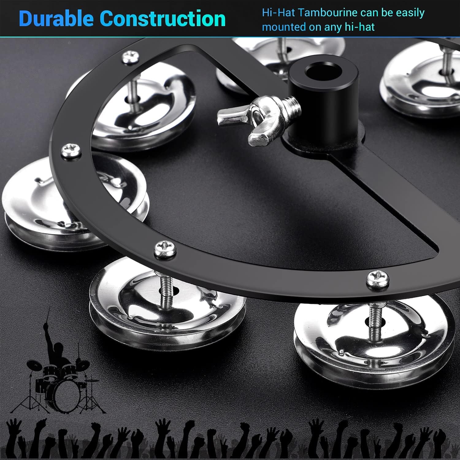 Facmogu 5.5 Inch Mountable Hi-hat Tambourine with 8-pair Steel Jingles, Black E964