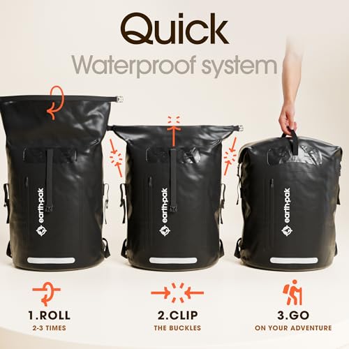 Earth Pak Waterproof Backpack Roll-Top Hiking Dry Bag with Phone Case, Black 35L L5072