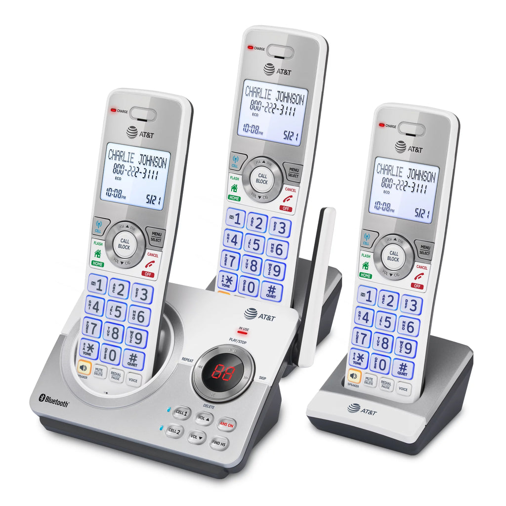 AT&T DL72310 3 Handset Expandable Cordless Phone with Bluetooth and Answering System (White/Silver) K27410