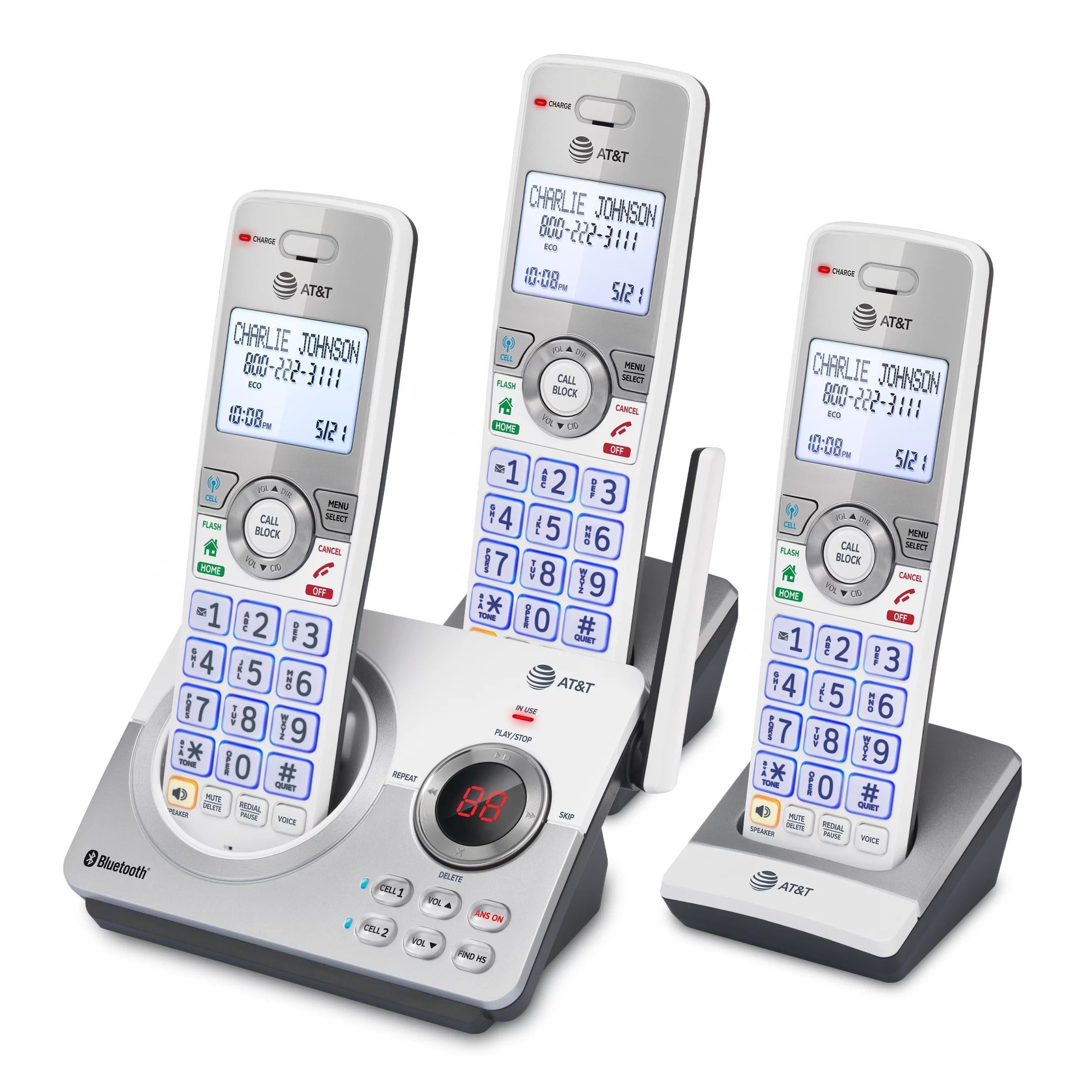 AT&T DL72310 3 Handset Expandable Cordless Phone with Bluetooth and Answering System (White/Silver) K27410
