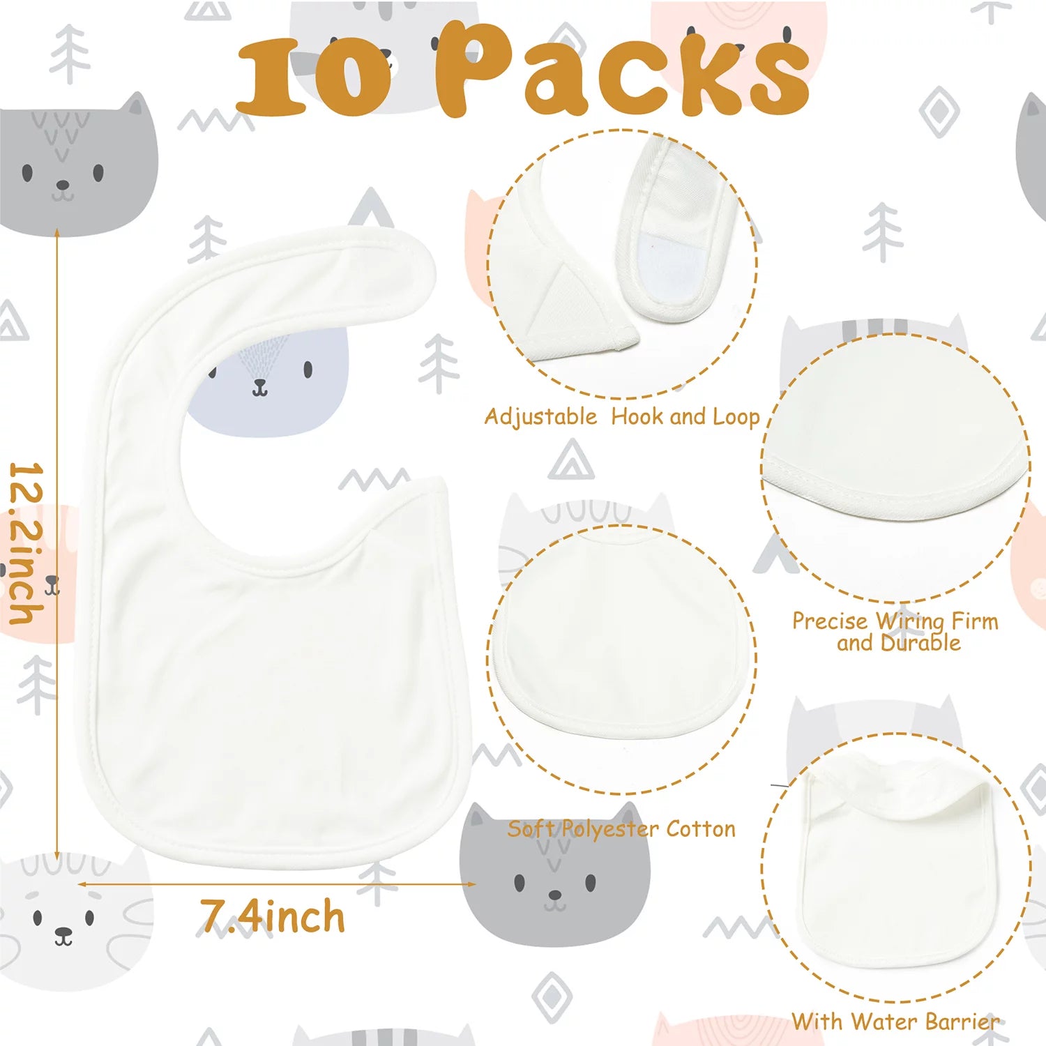 10Pcs Sublimation Baby Bibs White Cotton Waterproof DIY Blank B716