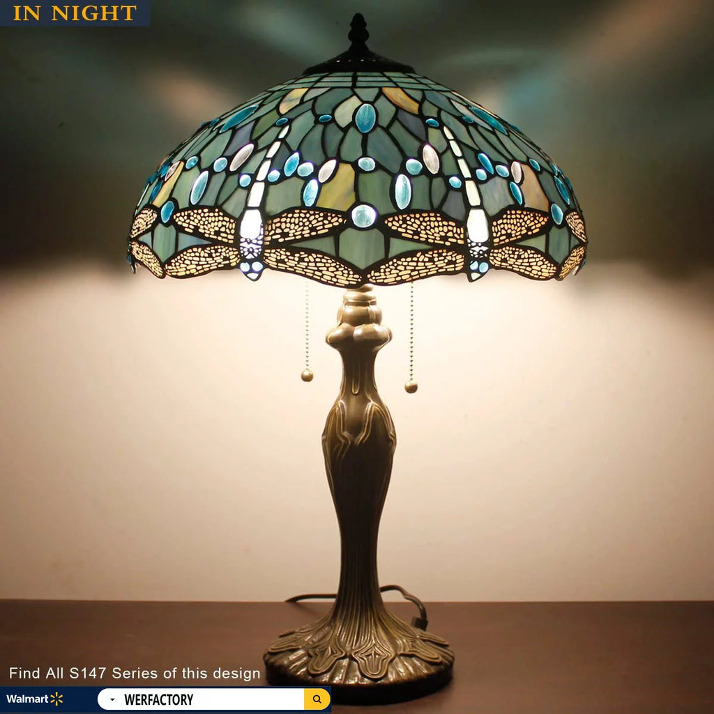 Tiffany Stained Glass Table Lamp with Metal Base, Sea Blue Dragonfly Style, 24" Tall, WERFACTORY LED Bulb Included K398