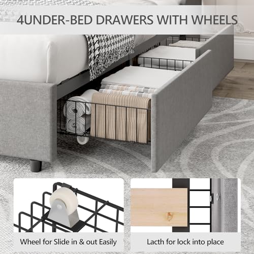Queen Bed Frame with 4 Storage Drawers, USB Charging Station, Upholstered Wingback Headboard I776
