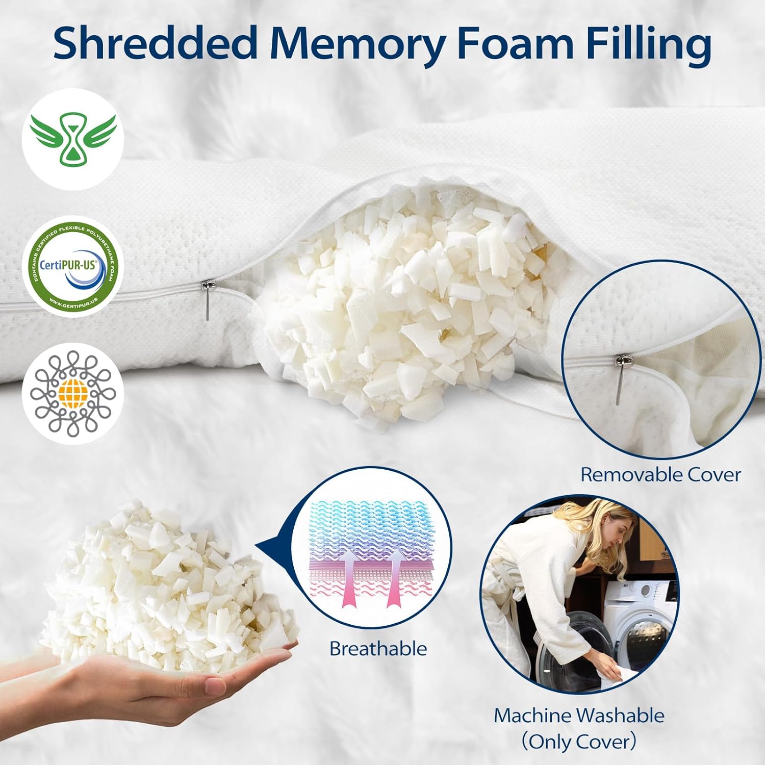 HOMCA Body Pillow for Adults, Shredded Memory Foam, Side Sleeper with Cover J2020