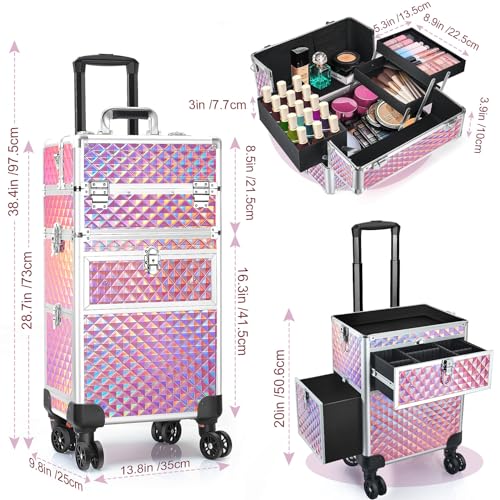 Professional Rolling Makeup Train Case with 360° Swivel Wheels, Large Storage Traveling Cart Trunk Y9925