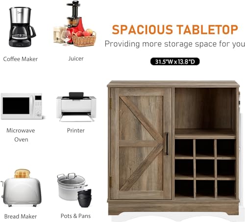 Farmhouse Coffee Bar Cabinet with Sliding Barn Door, Gray Wash O551