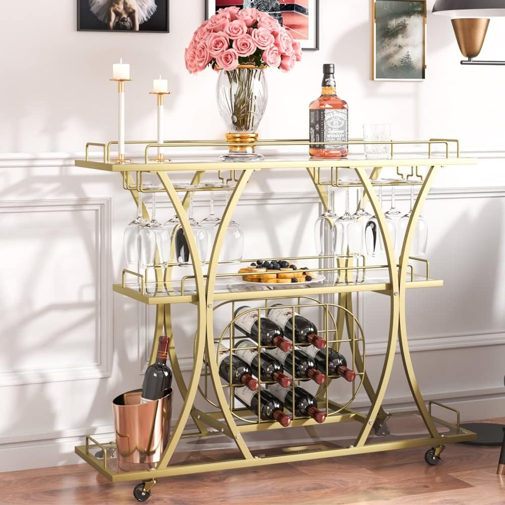 Gold Metal Bar Serving Cart with Wine Rack and Glass Holder M816