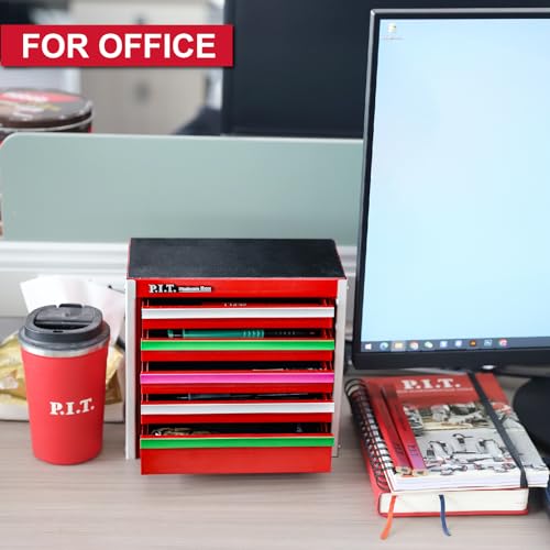 P.I.T. Mini Red Tool Box with 5 Drawers, Portable Steel Storage Case Q478