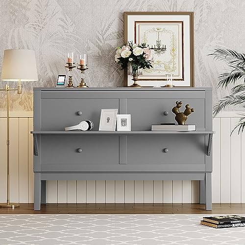XD Designs Full Size Murphy Bed with Cabinet and Drawers, Solid Wood Wall Bed H5917