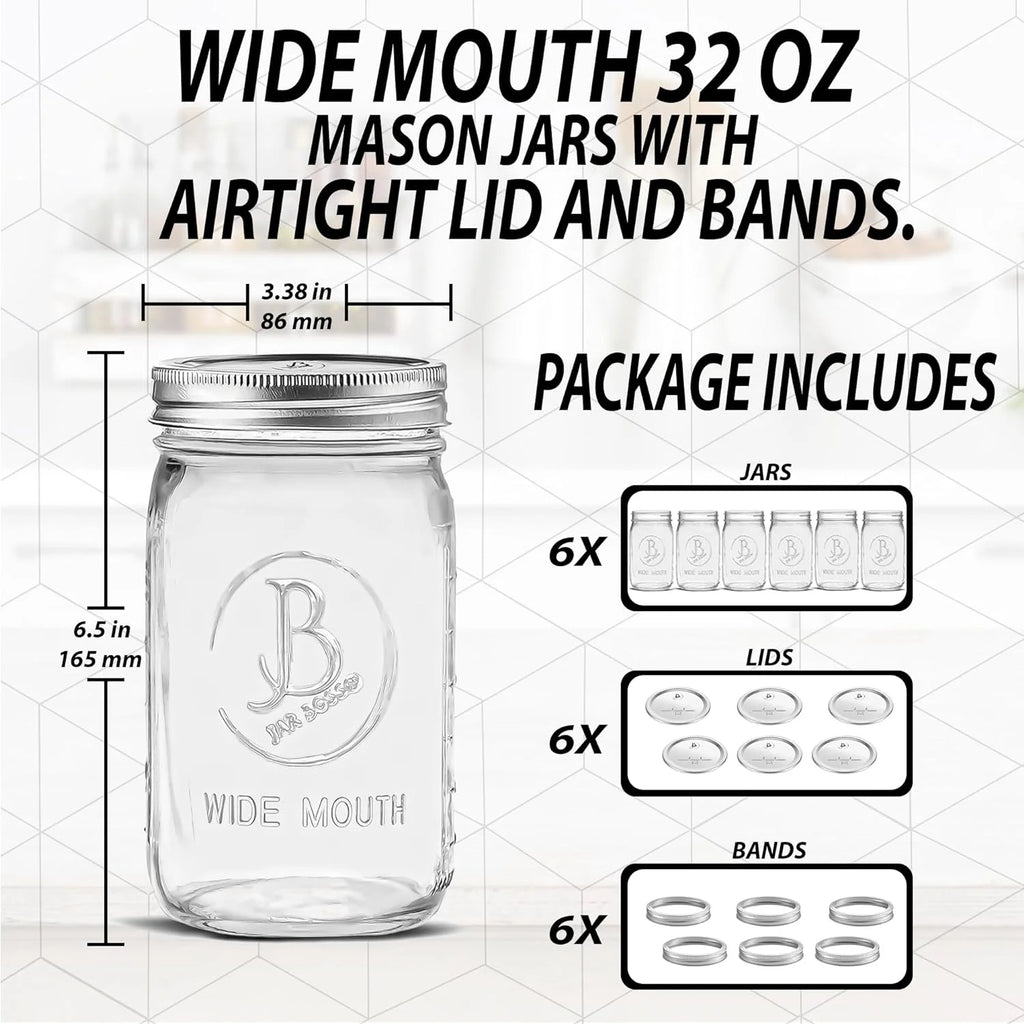 Wide Mouth Mason Jars 32 oz (6 Pack) Clear Glass with Airtight Lids X947