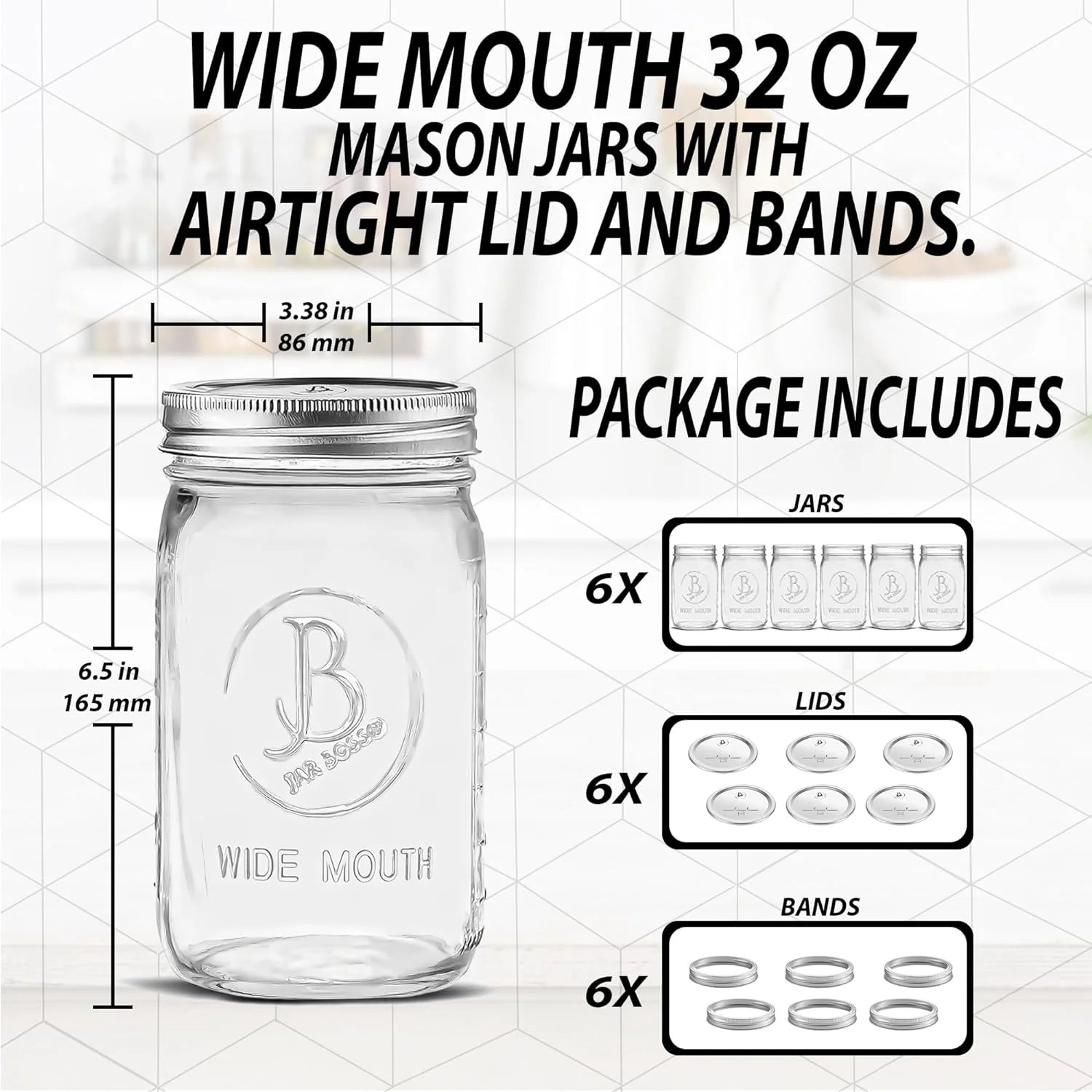 Wide Mouth Mason Jars 32 oz (6 Pack) Clear Glass with Airtight Lids X947