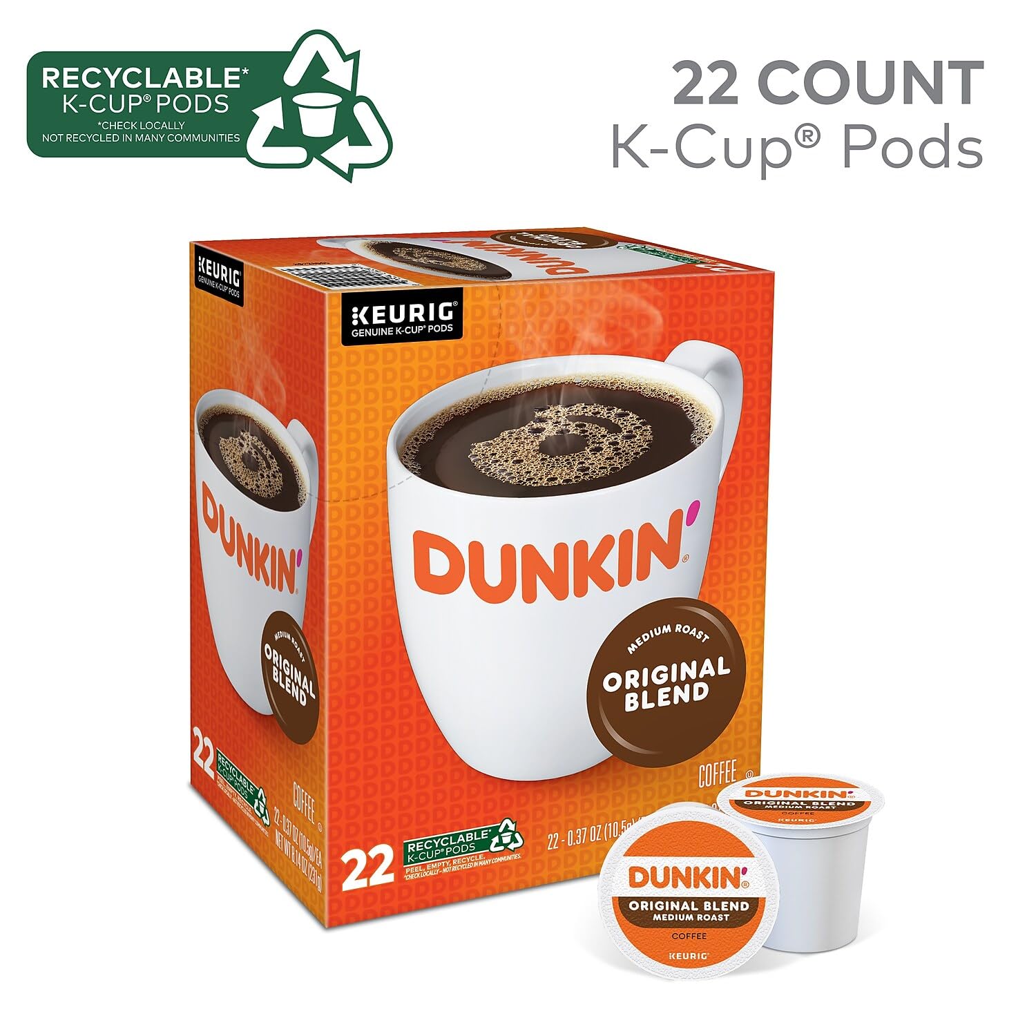 Dunkin' Original Blend Medium Roast Coffee, 22 K-Cup Pods A158