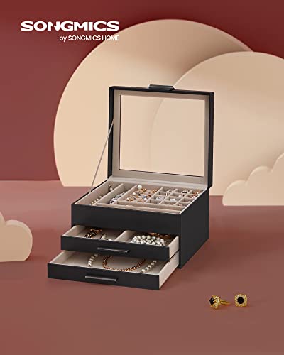 SONGMICS Jewelry Box with Glass Lid, 4-Layer Organizer, Dove Gray and Gold R6030