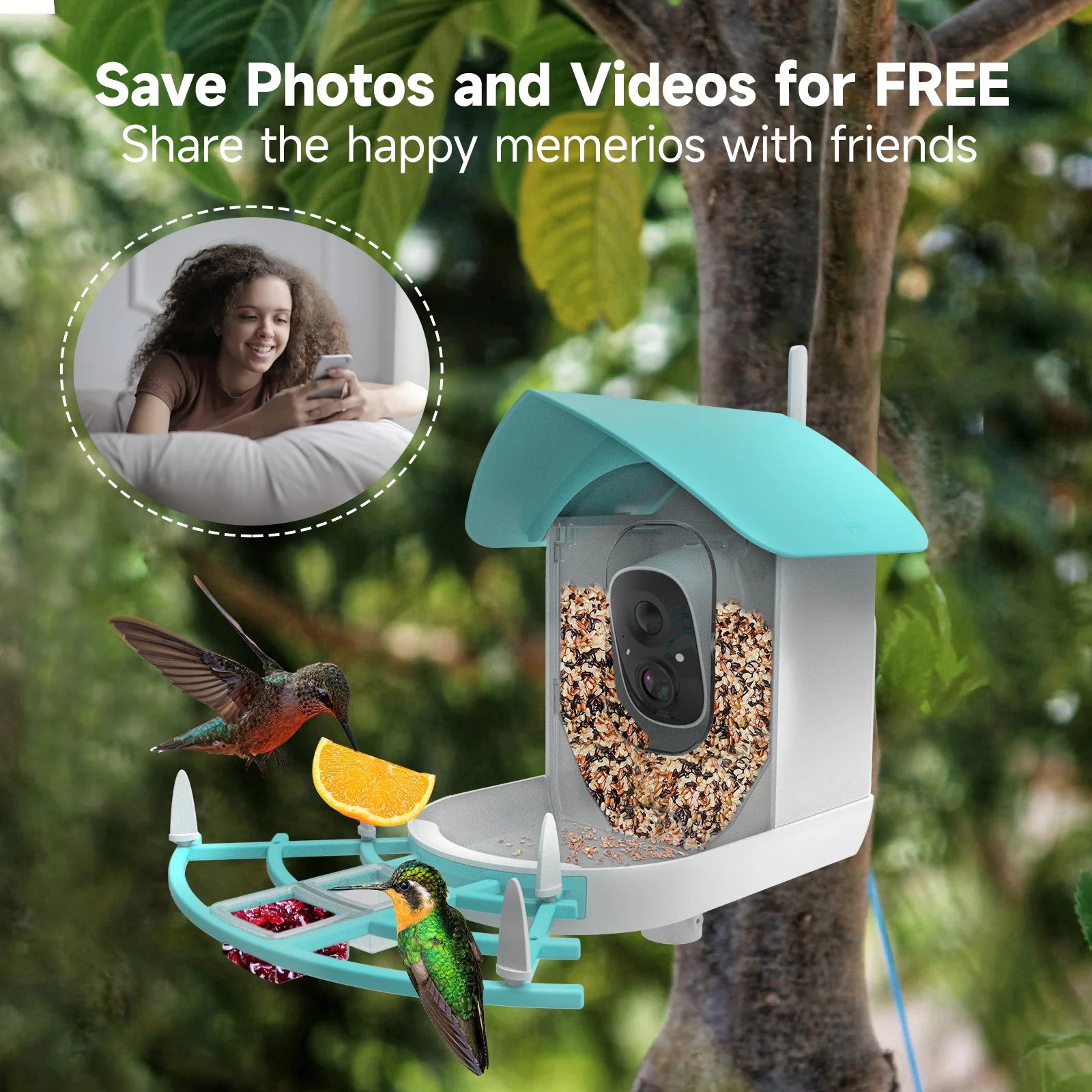 Smart Bird Feeder with Camera Solar Powered 1080P WiFi Waterproof S736795