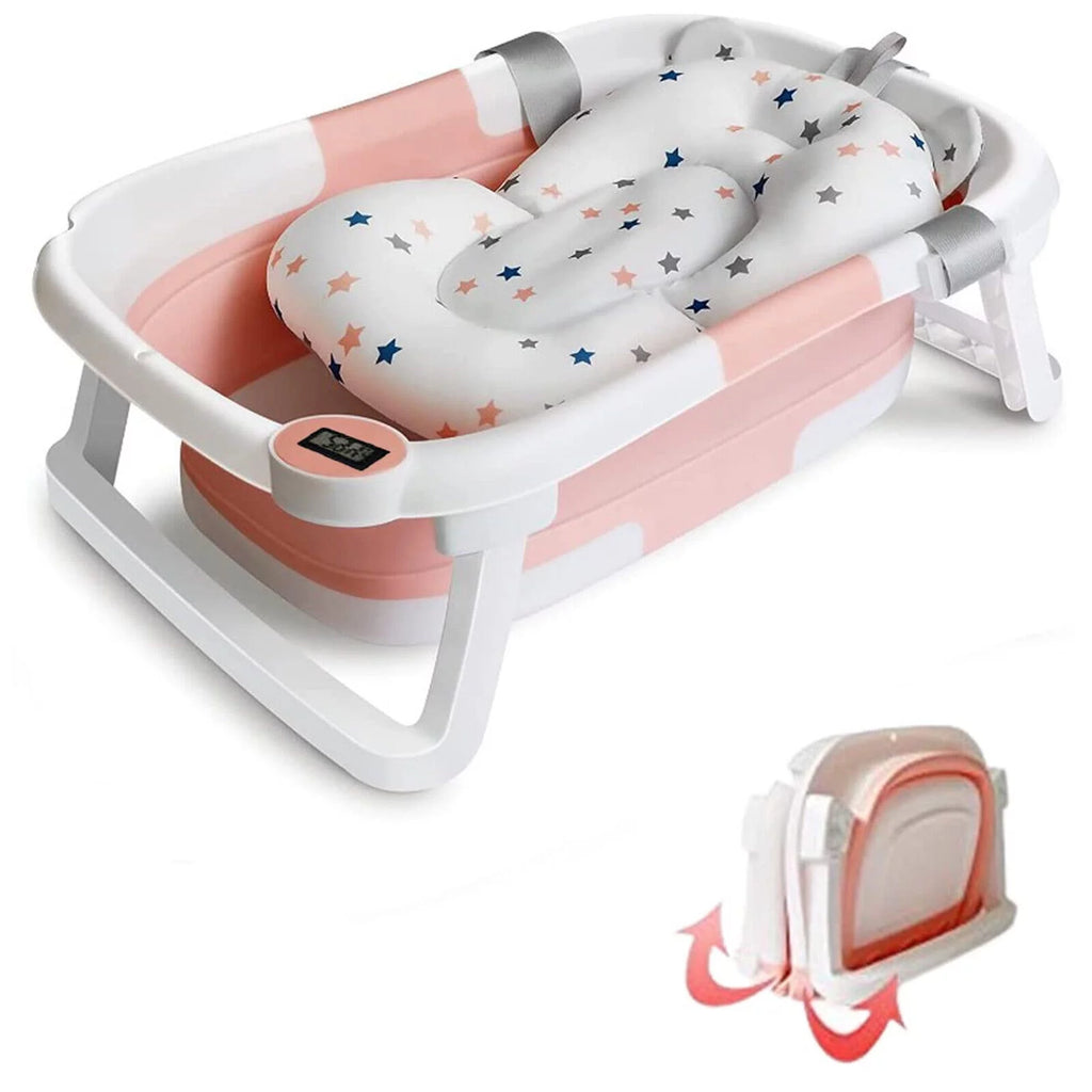 SHANNA Collapsible Newborn Bath Tub with Pillow and Temperature Sensor, Pink Y3888