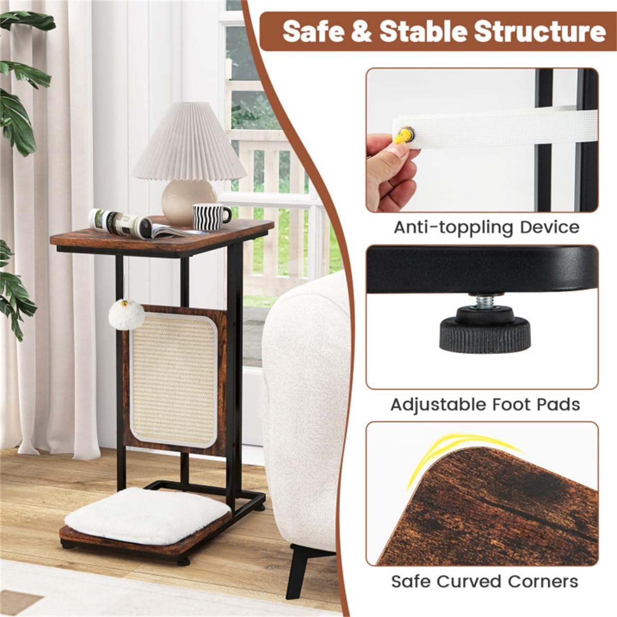 Cat End Table with Scratching, Industrial Style Nightstand M569
