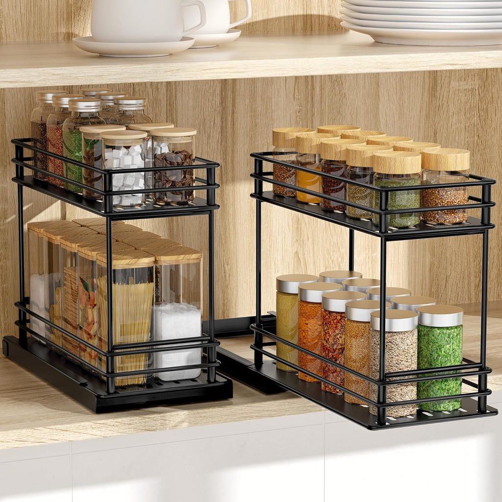 Tikea Spice Rack Organizer 2-Pack, 2-Tier Pull Out Seasoning Rack for Kitchen Cabinet, Spice Drawer Organizer Shelf for Small Space, Condiment Storage, 5.3''W x 10.4''D x 8.9''H