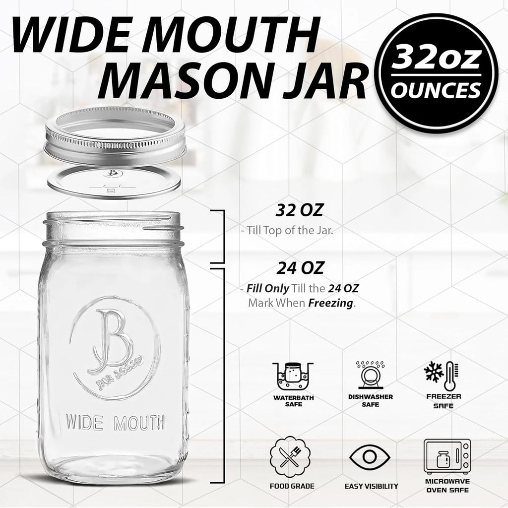 Wide Mouth Mason Jars 32 oz (6 Pack) Clear Glass with Airtight Lids X947