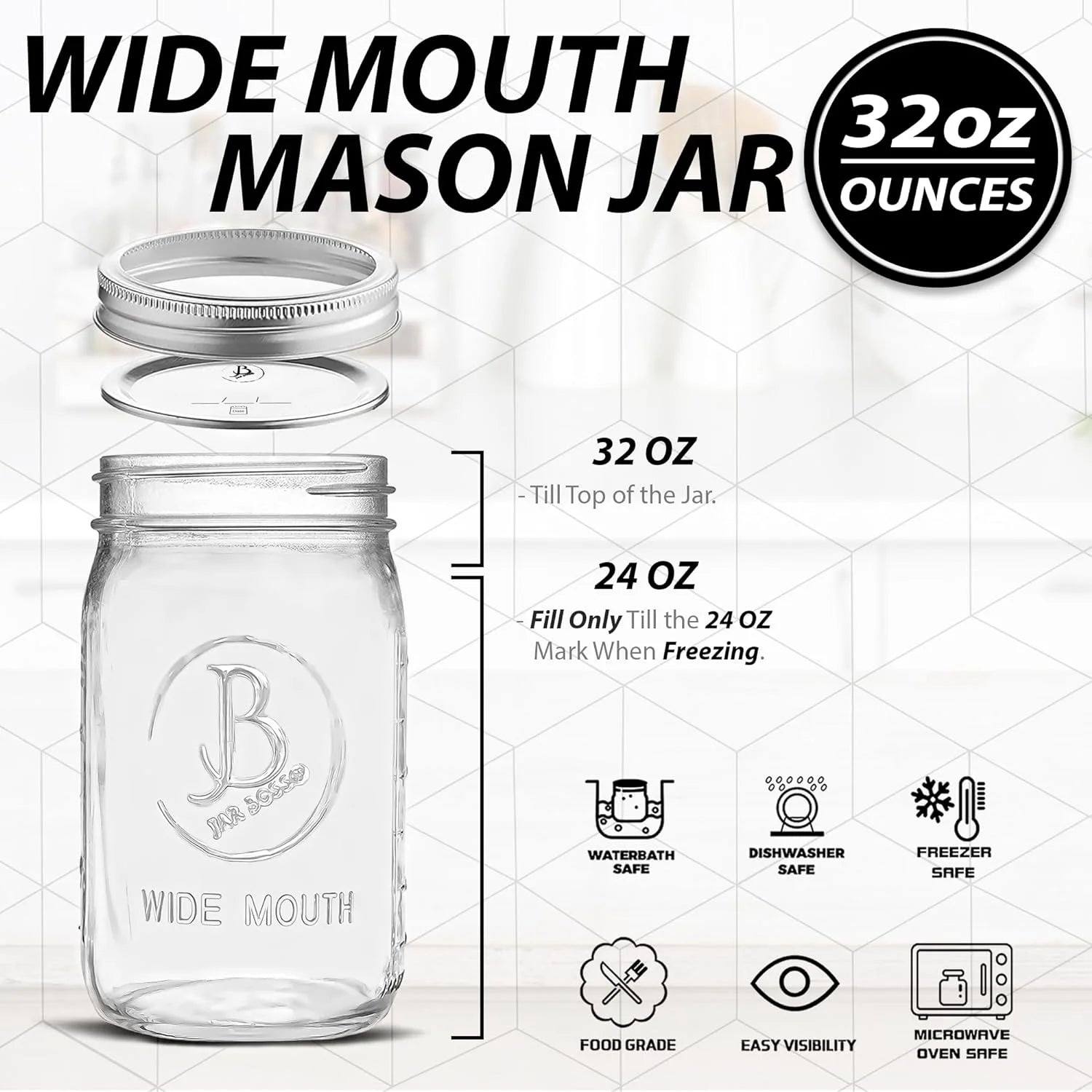 Wide Mouth Mason Jars 32 oz (6 Pack) Clear Glass with Airtight Lids X947