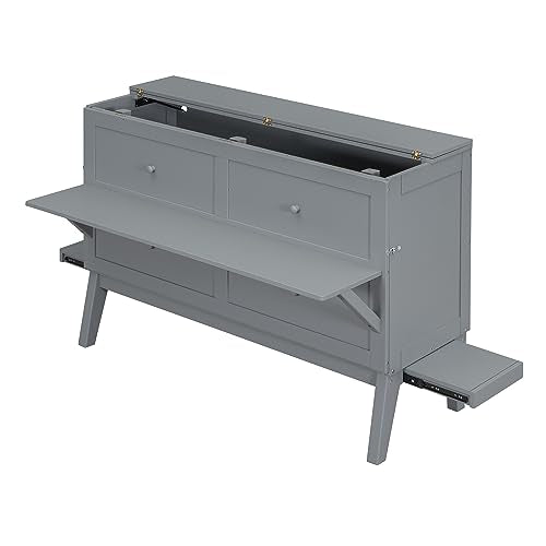 XD Designs Full Size Murphy Bed with Cabinet and Drawers, Solid Wood Wall Bed H5917