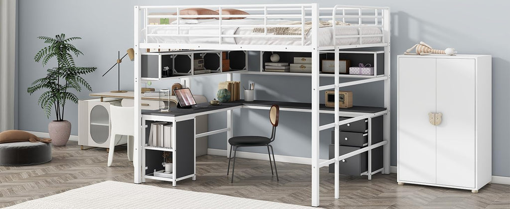 Metal Loft Bed with Bookcase, Desk and Cabinet, Full, White Q330