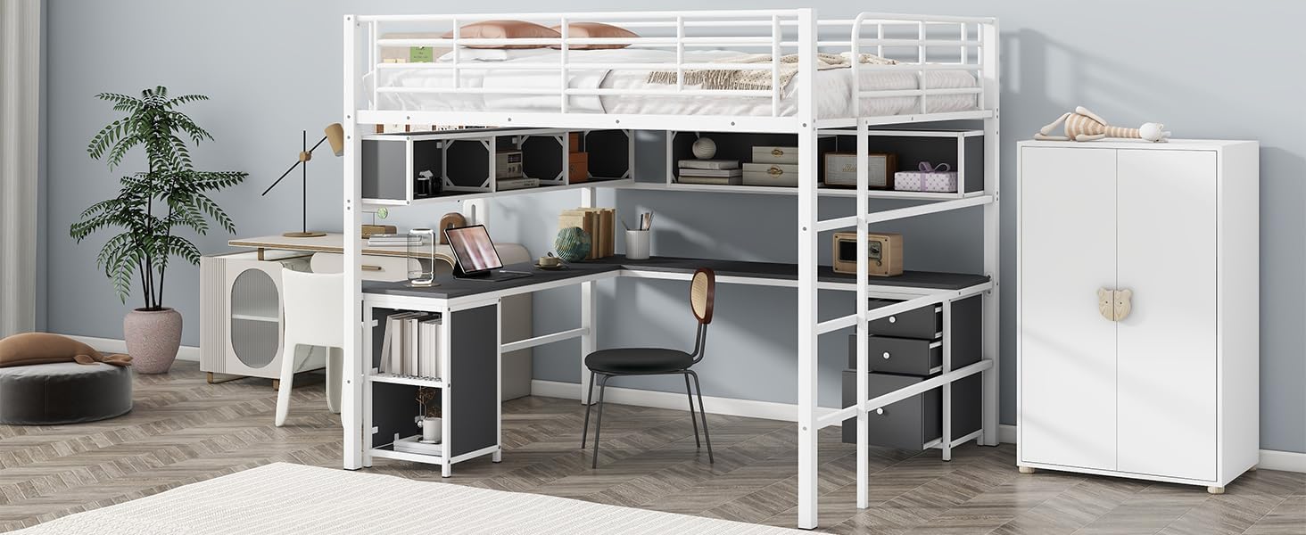 Metal Loft Bed with Bookcase, Desk and Cabinet, Full, White Q330