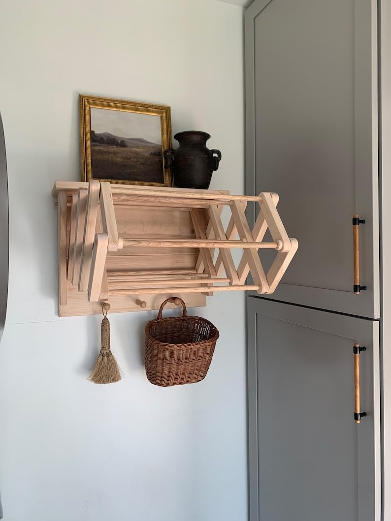 Collapsible Wooden Wall Mounted Drying Rack with Peg Hooks G8726
