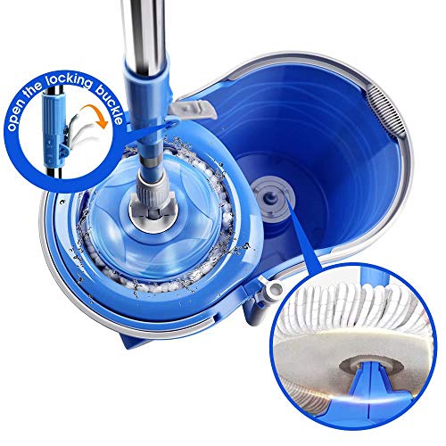 MASTERTOP Mop Bucket with Wringer Set, Spin Mop with 2 Wheels, Stainless Steel Handle, 5 Microfiber Refills T458321