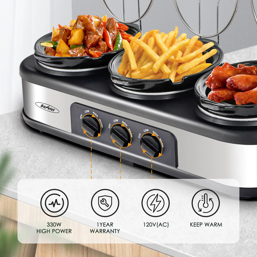 Triple Slow Cooker with 3 Spoons, 3 Pot 1.5 Quart, Stainless Steel O688