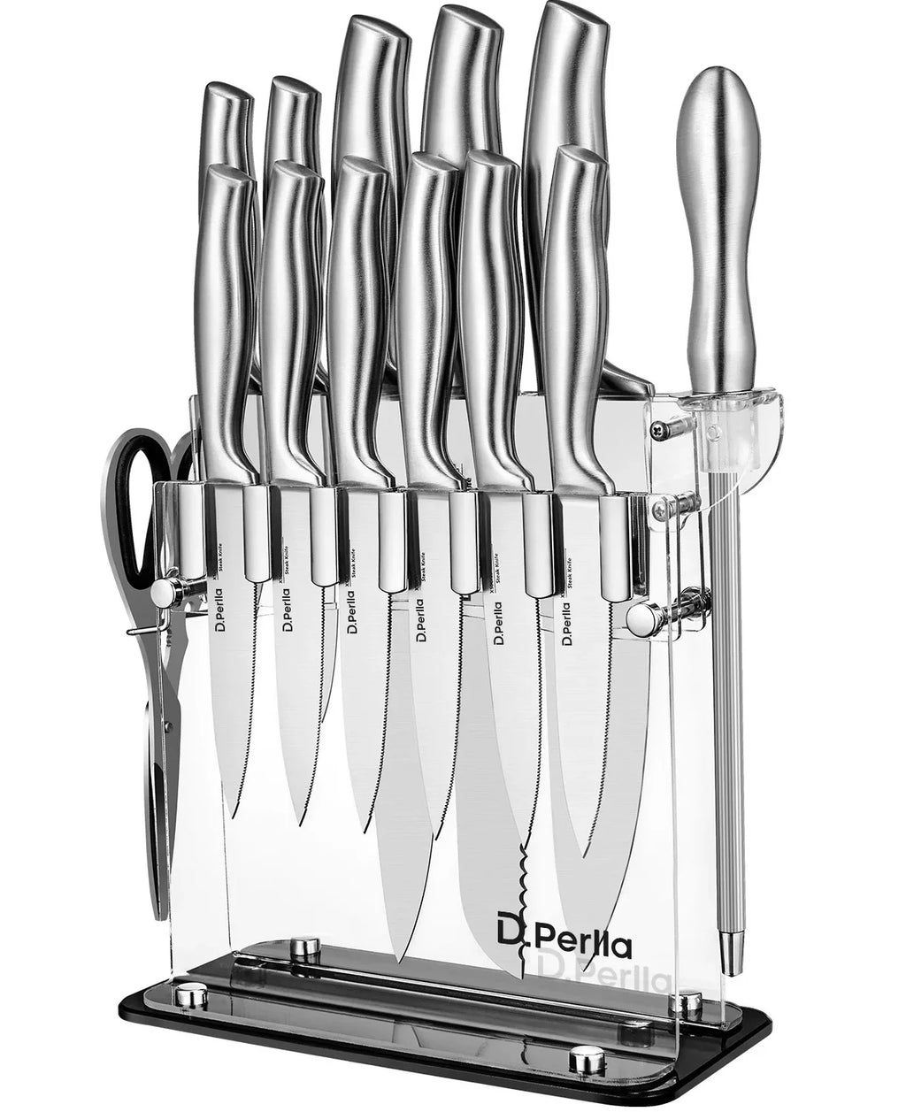 Knife Set High Carbon Stainless Steel Kitchen Knife Set 14 Pieces Super Sharp Cutlery Knife Set with Acrylic Stand - Silver