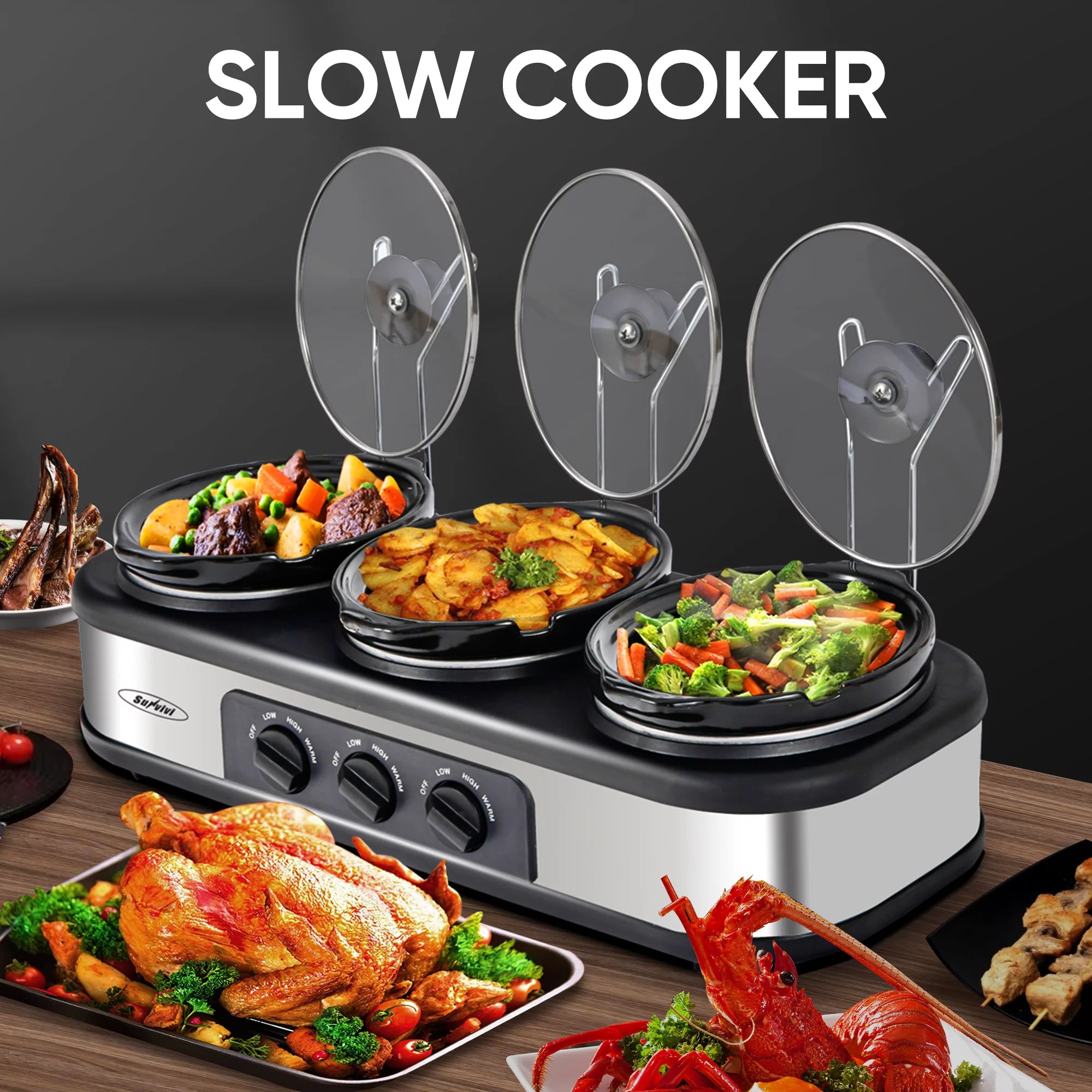 Triple Slow Cooker with 3 Spoons, 3 Pot 1.5 Quart, Stainless Steel O688