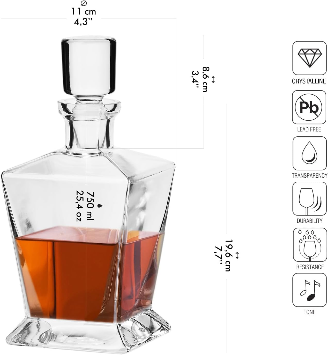 Krosno Whiskey Decanter Carafe with Stopper, 25.4 oz, Caro Collection, Made in Europe Q540043