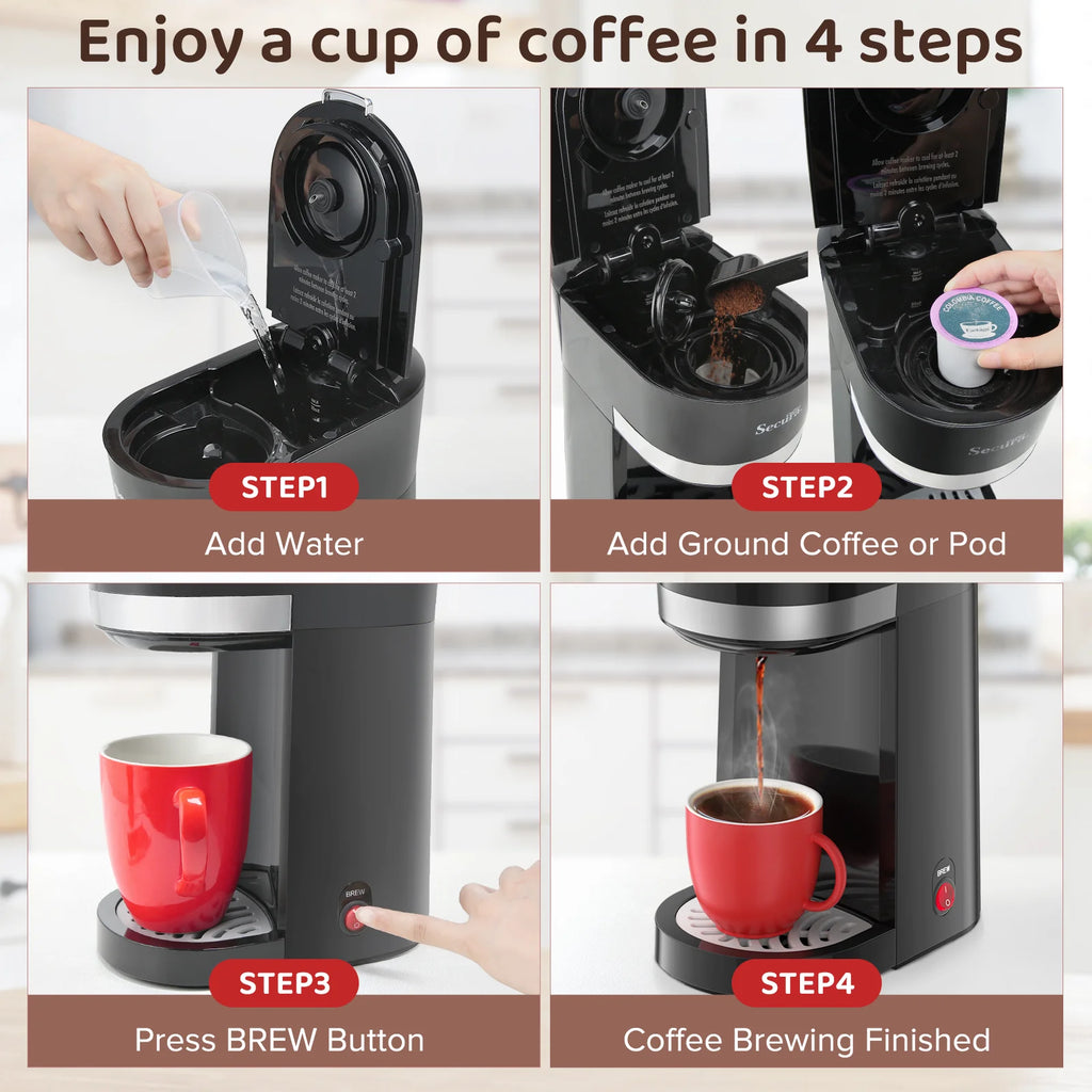 Secura Single Serve Coffee Maker for K Cup with Ground Coffee Basket, 12 Oz, Stainless Steel C9149