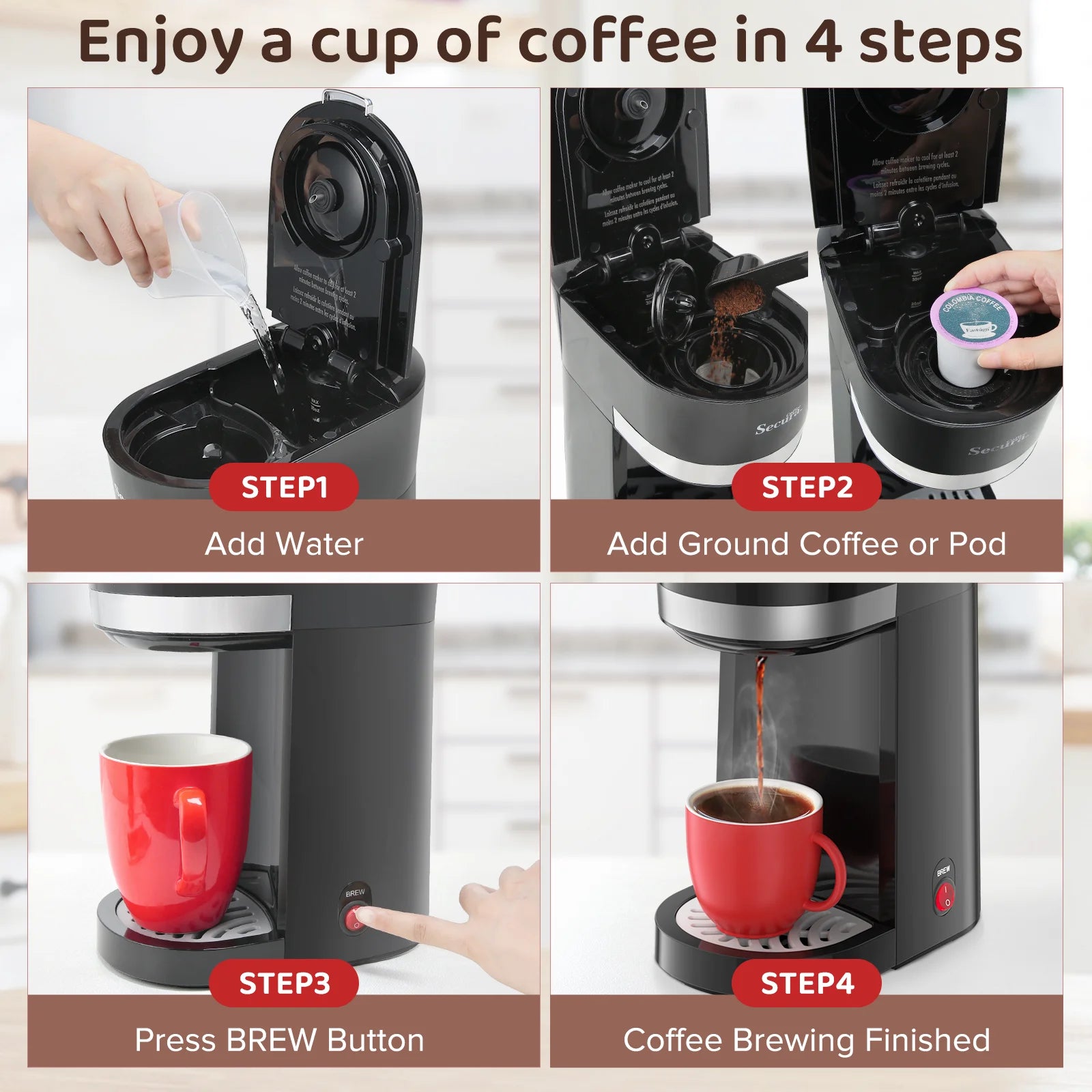 Secura Single Serve Coffee Maker for K Cup with Ground Coffee Basket, 12 Oz, Stainless Steel C9149