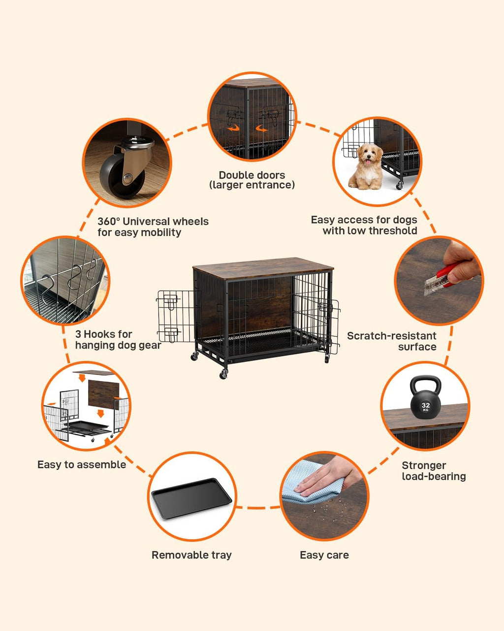 Dog Crate Furniture with Removable Tray and Wheels, Double-Door Wooden Kennel, Brown N6860