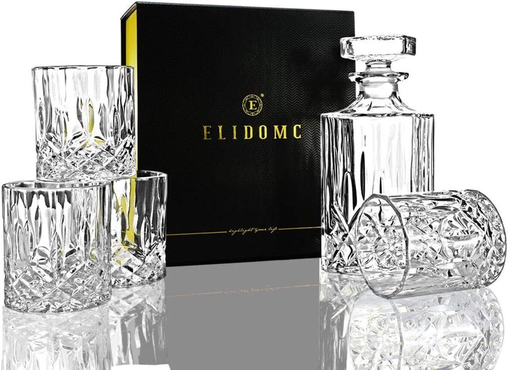 ELIDOMC 5PC Italian Glass Whiskey Decanter Set with 4 Old Fashioned Glasses A4691