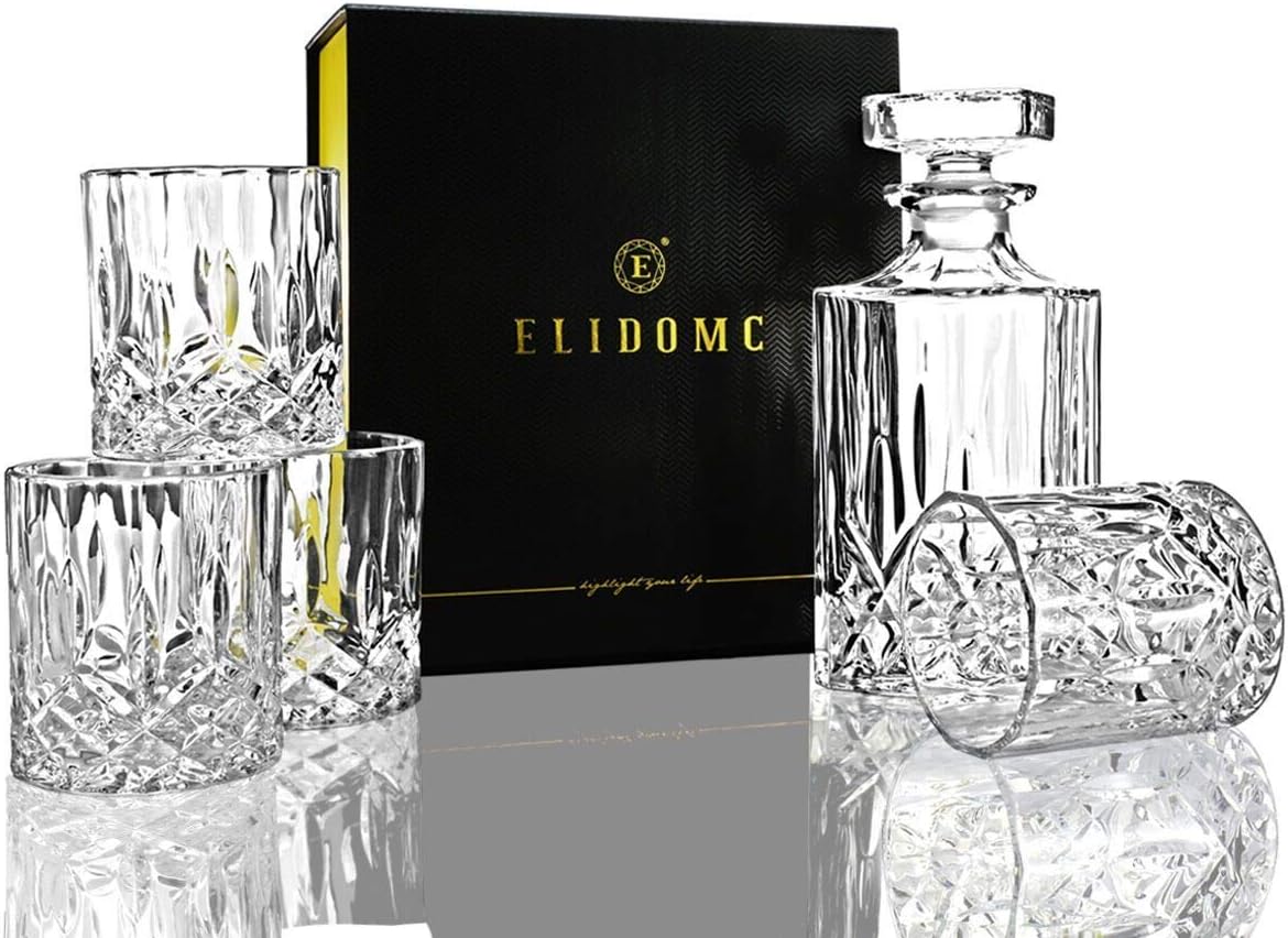ELIDOMC 5PC Italian Glass Whiskey Decanter Set with 4 Old Fashioned Glasses A4691