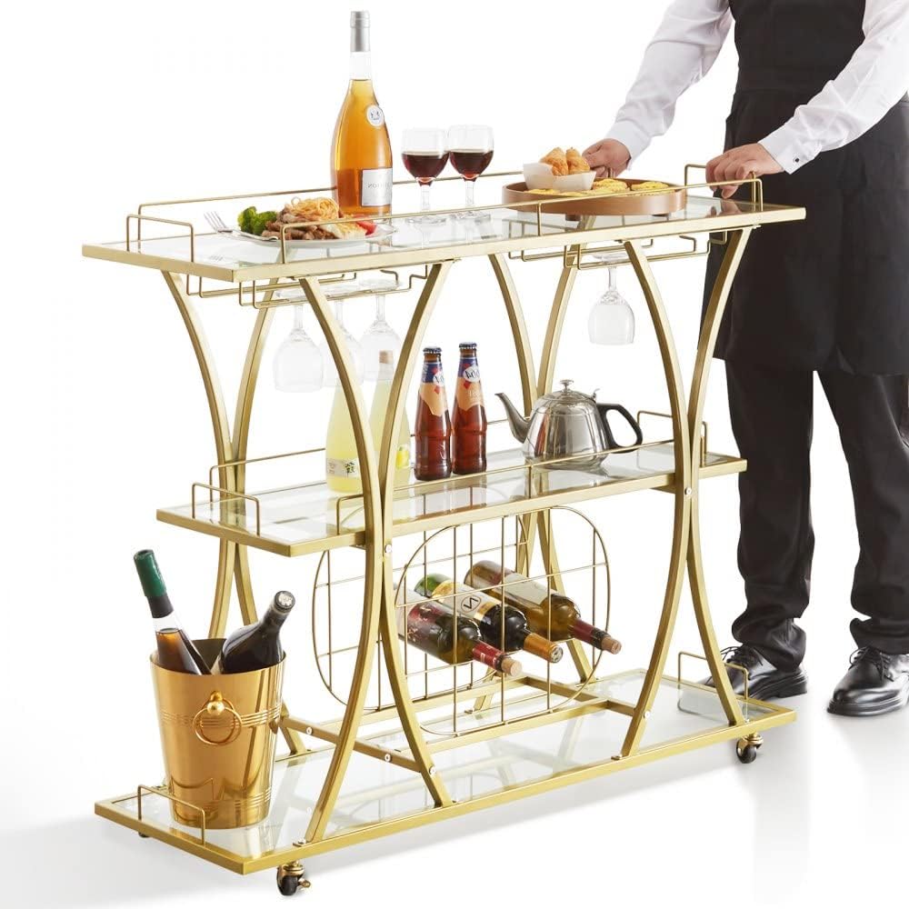 Gold Metal Bar Serving Cart with Wine Rack and Glass Holder M816