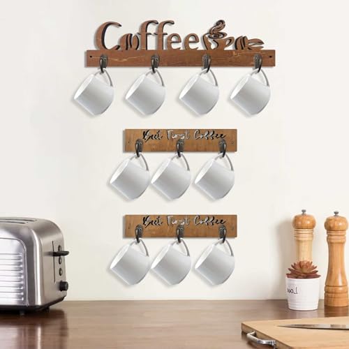 3 Pack Coffee Mug Shelf Wall Mounted with 10 Hooks, Wooden Kitchen Decor F926844