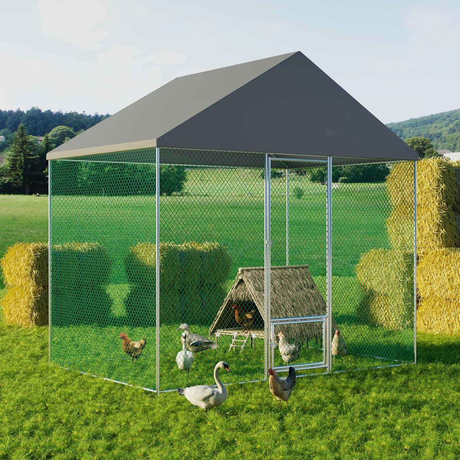 Large Chicken Coop Run Outdoor Walk-in Poultry Hen Cage with Waterproof Cover L485567