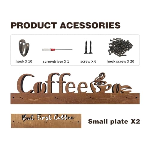 3 Pack Coffee Mug Shelf Wall Mounted with 10 Hooks, Wooden Kitchen Decor F926844