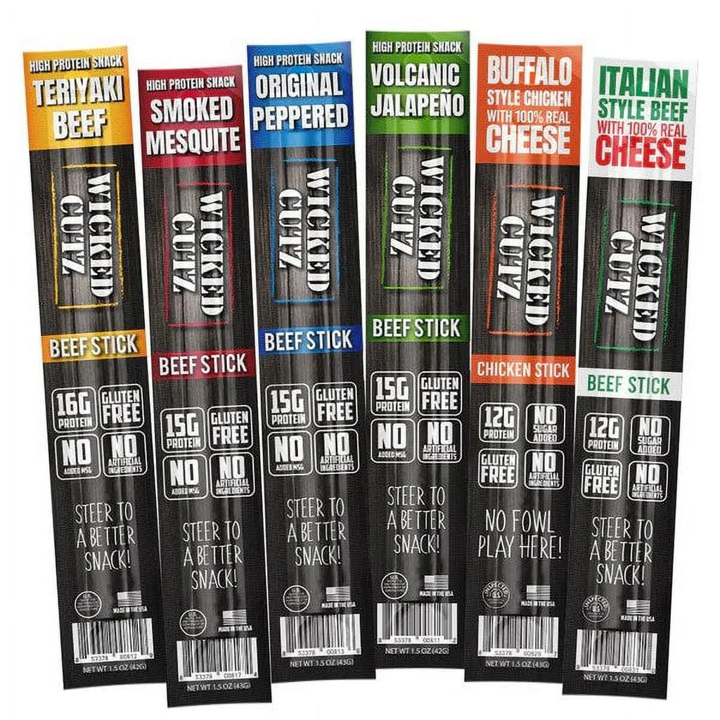 Wicked Cutz Premium Beef Jerky Sticks, Protein-Rich, 6-Flavor Variety Pack, 1.5 oz, 18-Pack