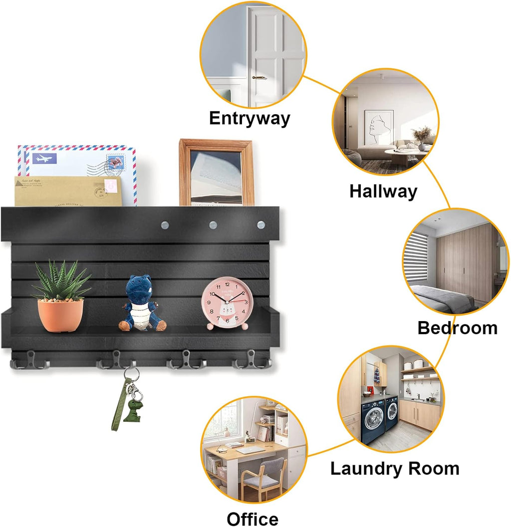 Wall Mounted Wooden Key Holder with 4 Hooks and Mail Organizer O254010